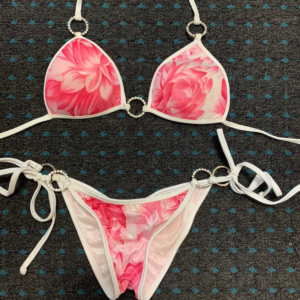 Bizzy B Pink Floral Rhinestone Brazilian Bikini